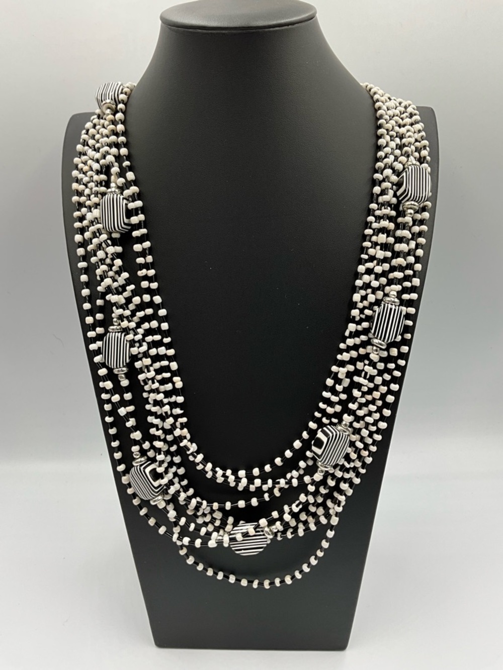 Necklace 10 Strand Black and White Beaded Statement Necklace